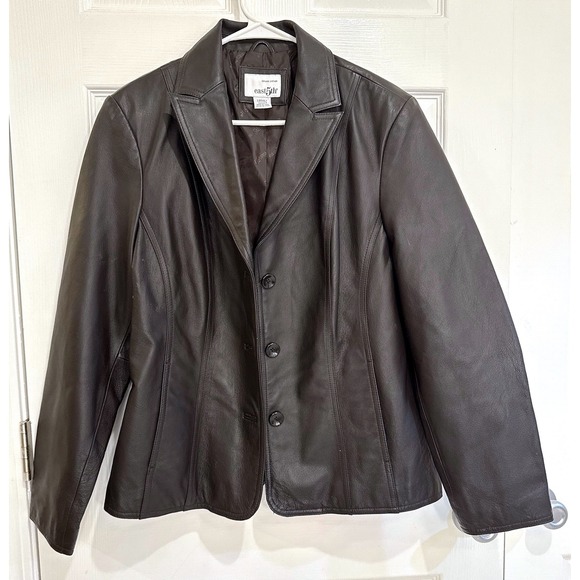 East 5th Leather Blazer Jacket Brown Button Front Career Office‎ Large - Picture 1 of 5
